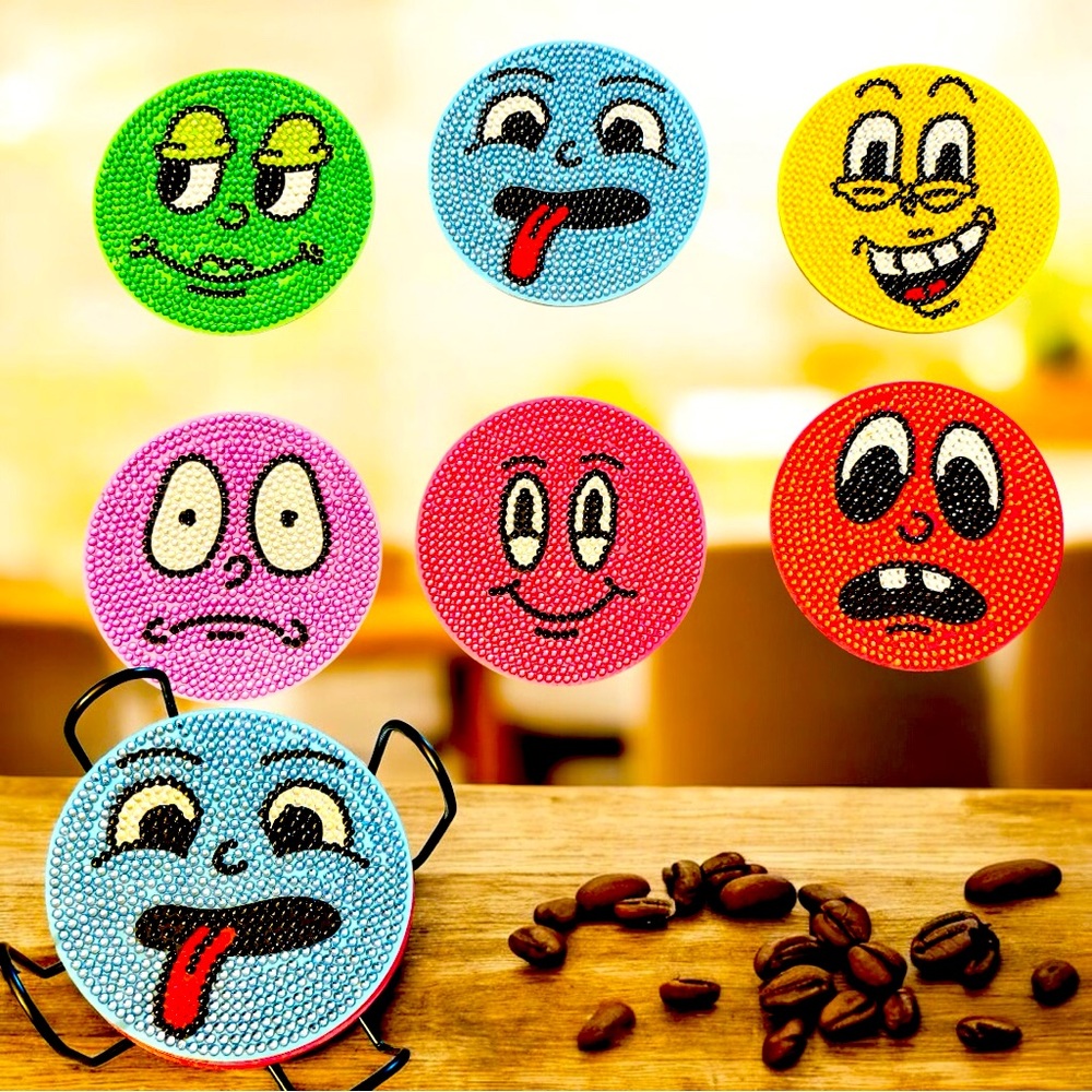 Fun Face Coaster Set of 6 w/ Holder Hand Crafted & Sealed Diamond Art 4”